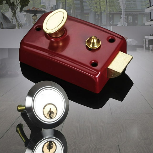 pitrice Night Deadbolt Rim Lock Household Locks Front House Padlocks Gate Anti-Theft Heavy-Duty Single Mortise Open With Key Type 1 Red,Type 1 90x60mm