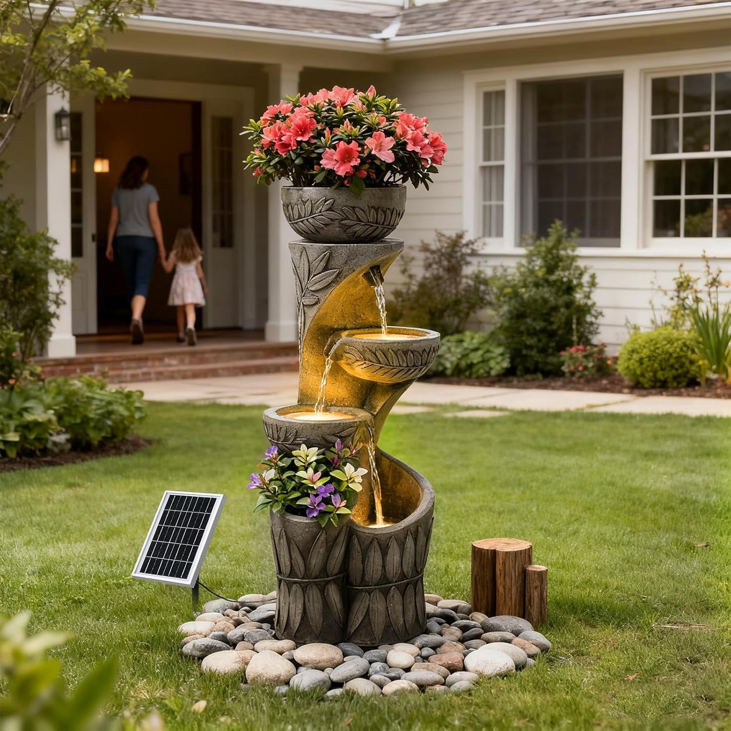 4 Tiered Solar Water Fountain Outdoor Garden, 35.6" Tall Cascading Bowl Leaf Carved Outdoor Waterfall Fountains Modern Water Feature with Dual Planters for Garden, Patio, Deck, Yard, Indoor Decor