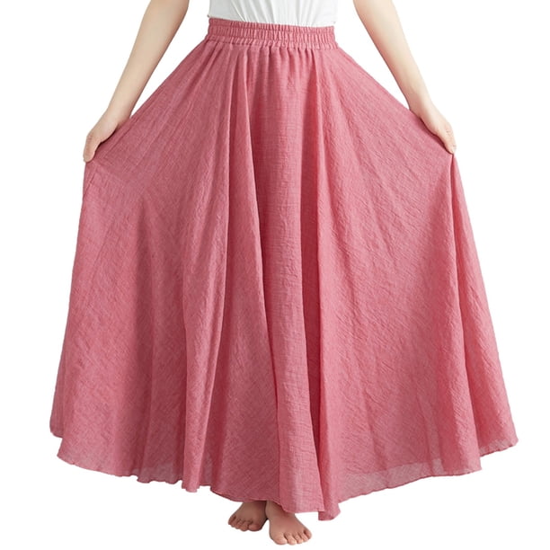 Falda larga de corte A de color liso para mujer - Falda media con cintura elástica, 95 cm de largo, mezcla de poliéster, tallas reales - S-XXL