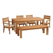 Linon Barlow 6Pc Set Teak Outdoor Table Bench 4 Chairs & Cushions in Natural