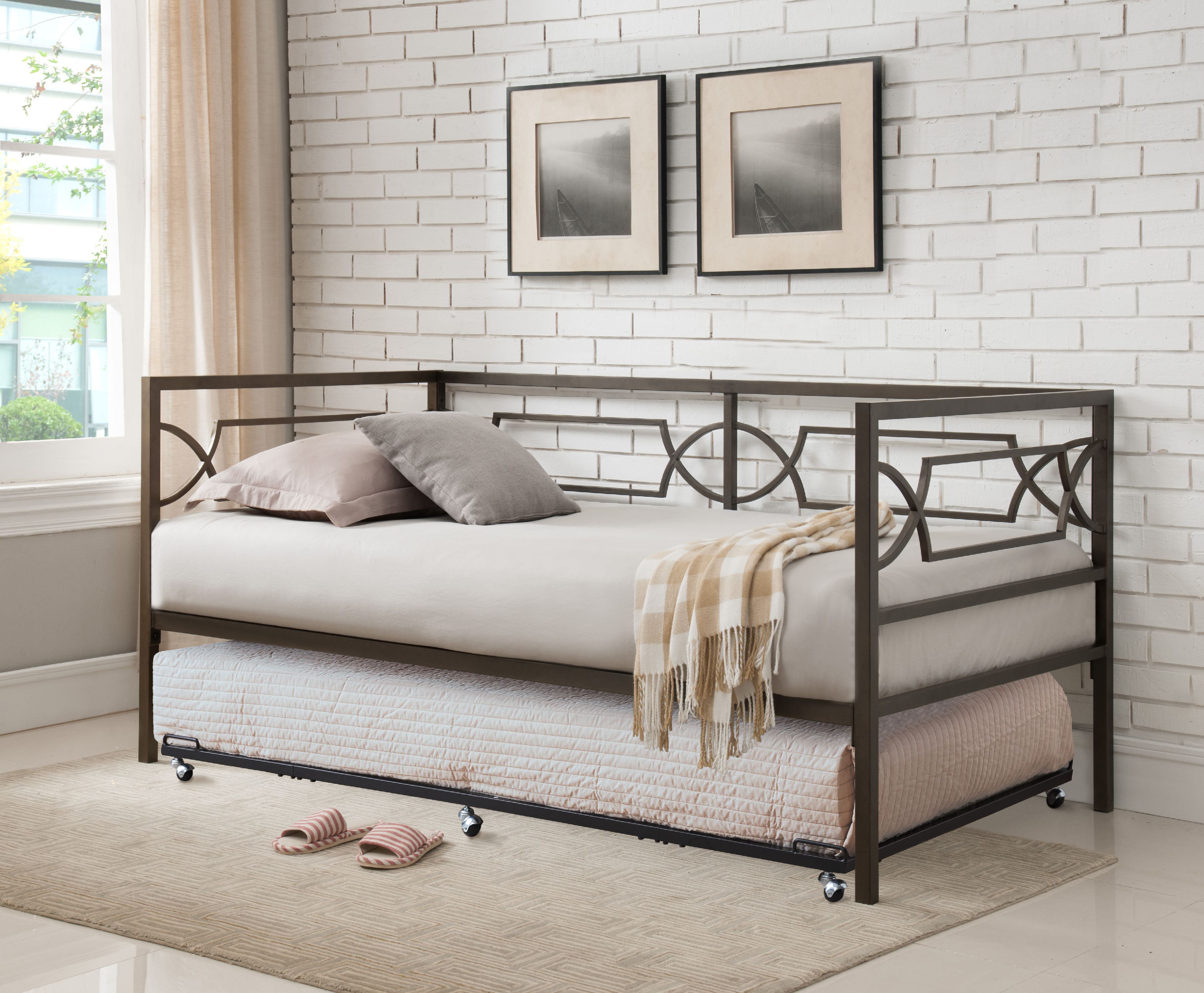 metal grid bed frame with foam mattress