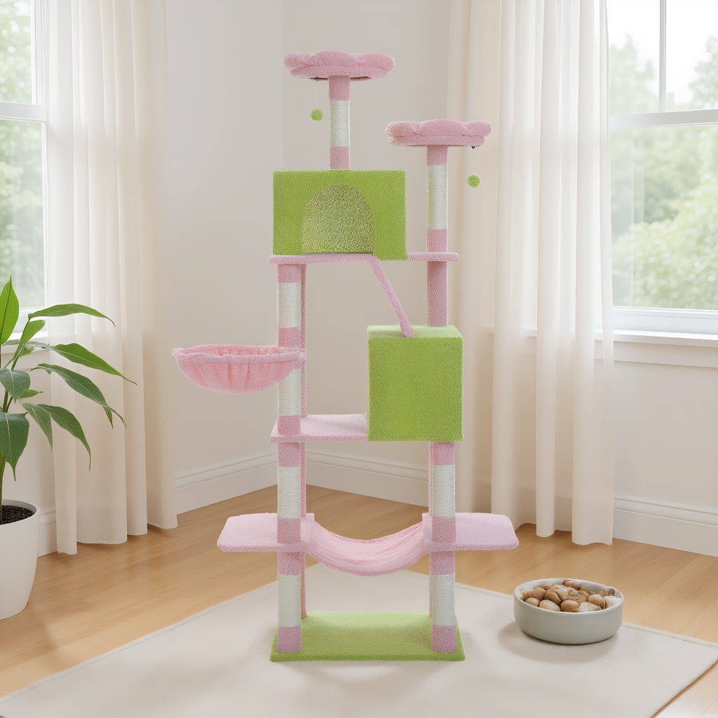 Pefilos 70.8" Tall Flower Cat Tree for Adult Indoor Cats, 8-Levels Large Cat Tower with 8 Sisal Posts, 2 Hammocks, 2 Condos, Big Perch & 3 Pom Poms, Beige