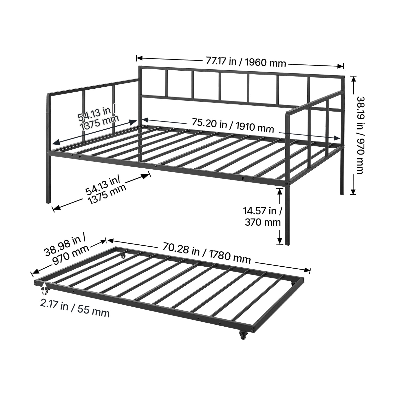 KFFKFF Full-Size Daybed with Pop-Up Trundle Twin Metal Frame, Ideal for Living Room, Bedroom, Durable Metal Construction, Space-Saving Design, Includes 2 Lockable Casters, Simple Assembly, Black