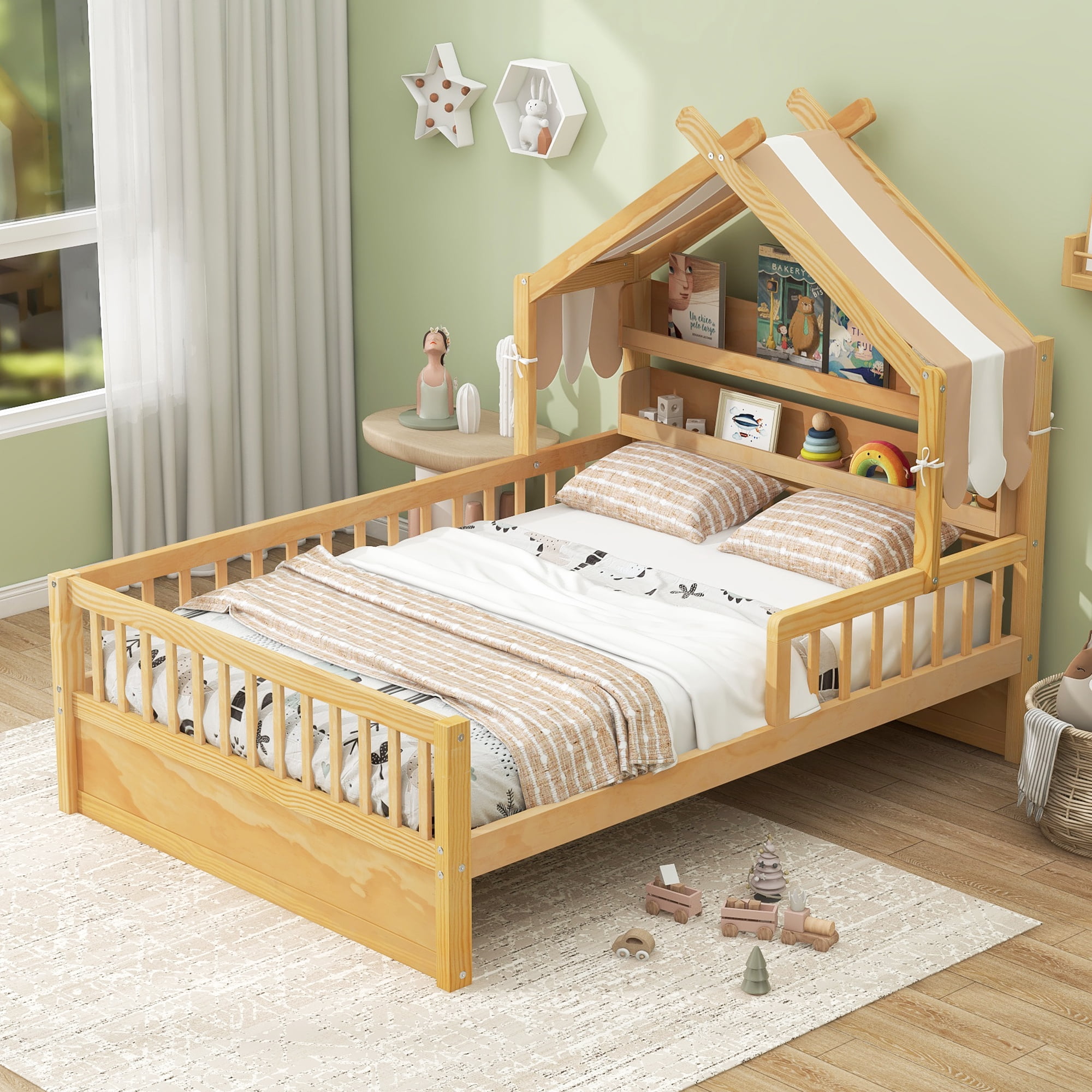 Euroco Wood Twin Size Platform Bed with Storage Headboard and Canopy, Natural