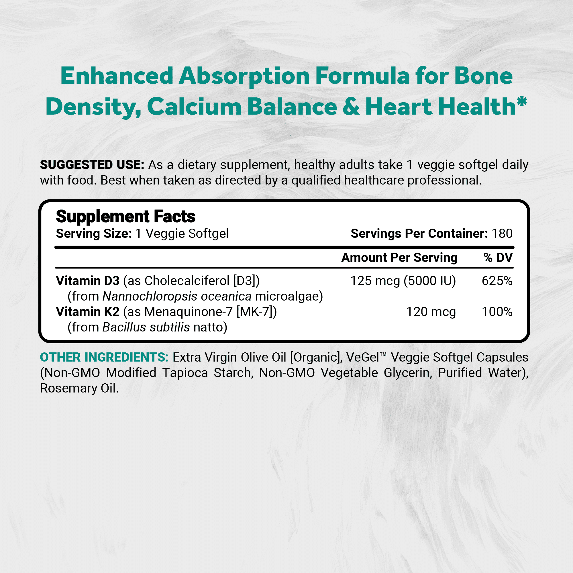 Naturalis Vegan Vitamin D3+K2 from Algae | 5000 IU D3 with 120mcg MK7 | Vegan Society Certified,Sustainably Sourced,Better Than Animal Derived | Better Support for Bone & Immune Health* | 180 Softgel