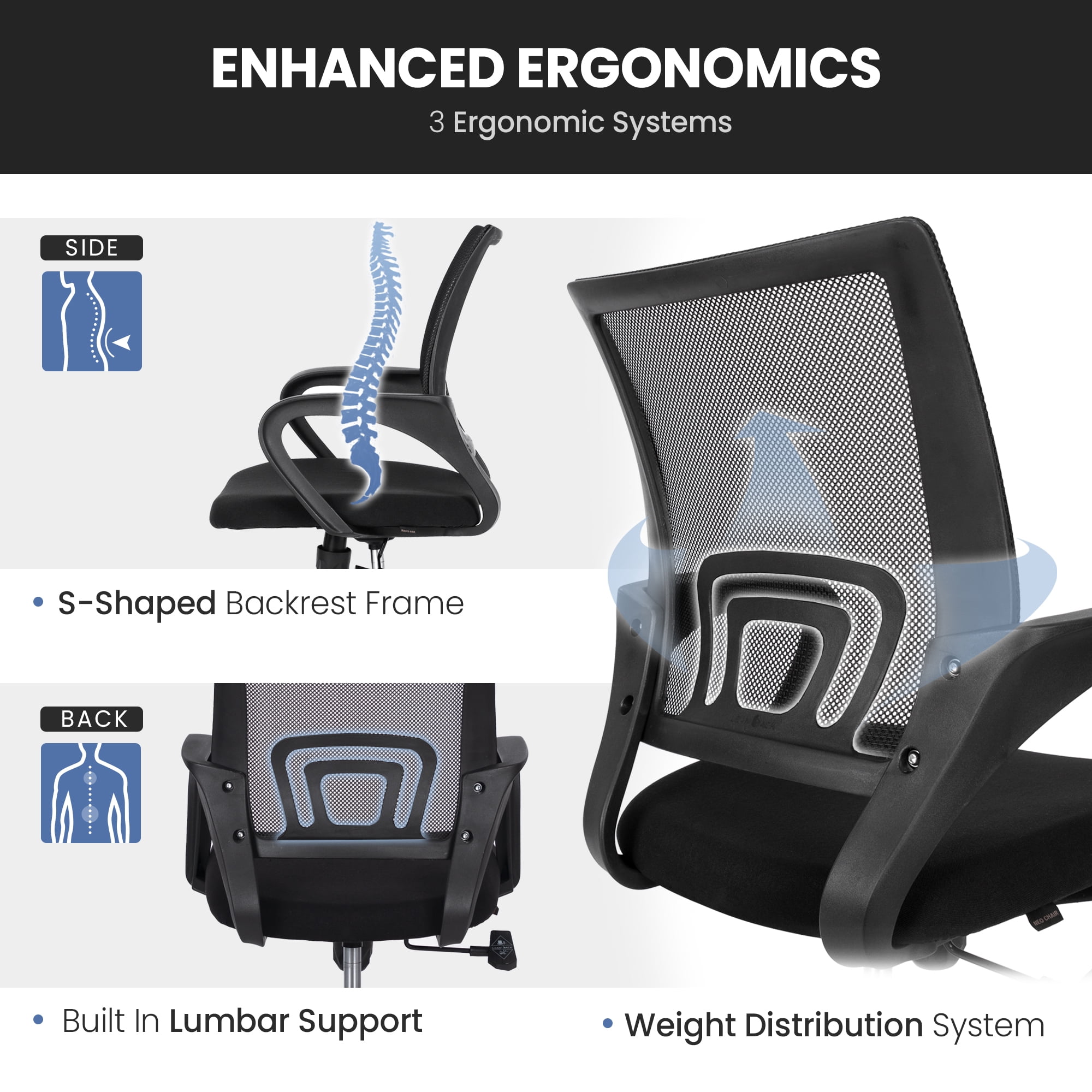 CELTOSS Office Chair, Adjustable Height, Ergonomic Lumbar Support and Armrests for Adults, Black