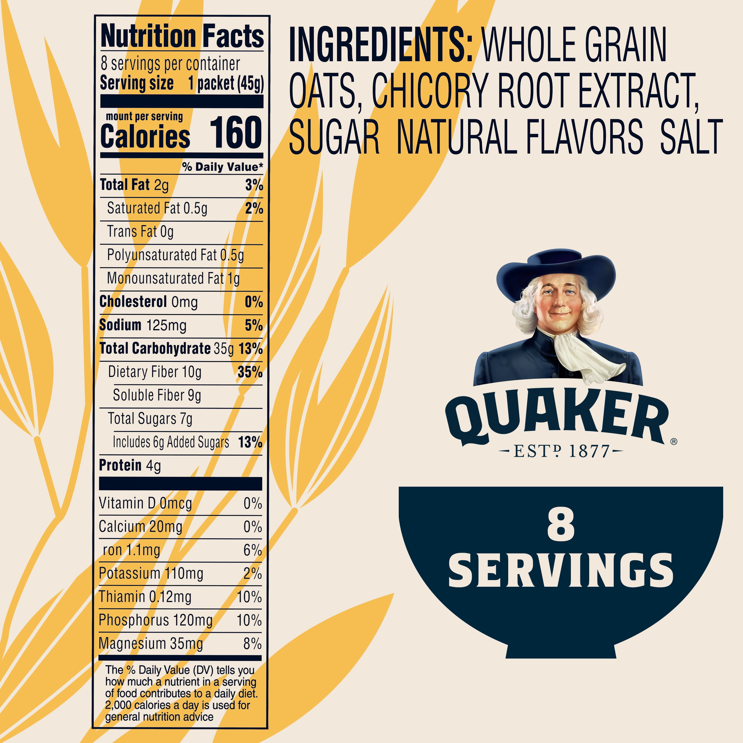 (6 pack) Quaker Fiber Instant Oatmeal, Maple Brown Sugar, 35% Daily Value of Fiber, Whole Grains, No Artificial Flavors, 1.58 oz packets, (8 Pack)