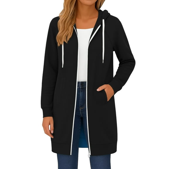 Fgvctg Women's Zip Up Hoodies Long Sleeve Long Tunic Sweatshirt Oversized Fleece Casual 2025 Fall Drawstring Jackets with Pockets Black L