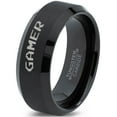 thumbnail image 1 of Tungsten Gamer Typography Writing Band Ring 8mm Men Women Comfort Fit Black Beveled Edge Brushed Polished, 1 of 4