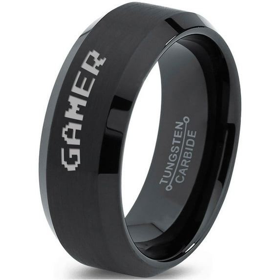 Tungsten Gamer Typography Writing Band Ring 8mm Men Women Comfort Fit Black Beveled Edge Brushed Polished