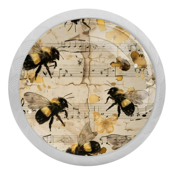 PhooArto Vintage Bees and Music Notes Pattern 4 PCS Crystal Glass Cabinet Knobs, Drawer Kitchen Cabinets Dresser Cupboard Wardrobe Pulls Handle - Glowing in the Dark