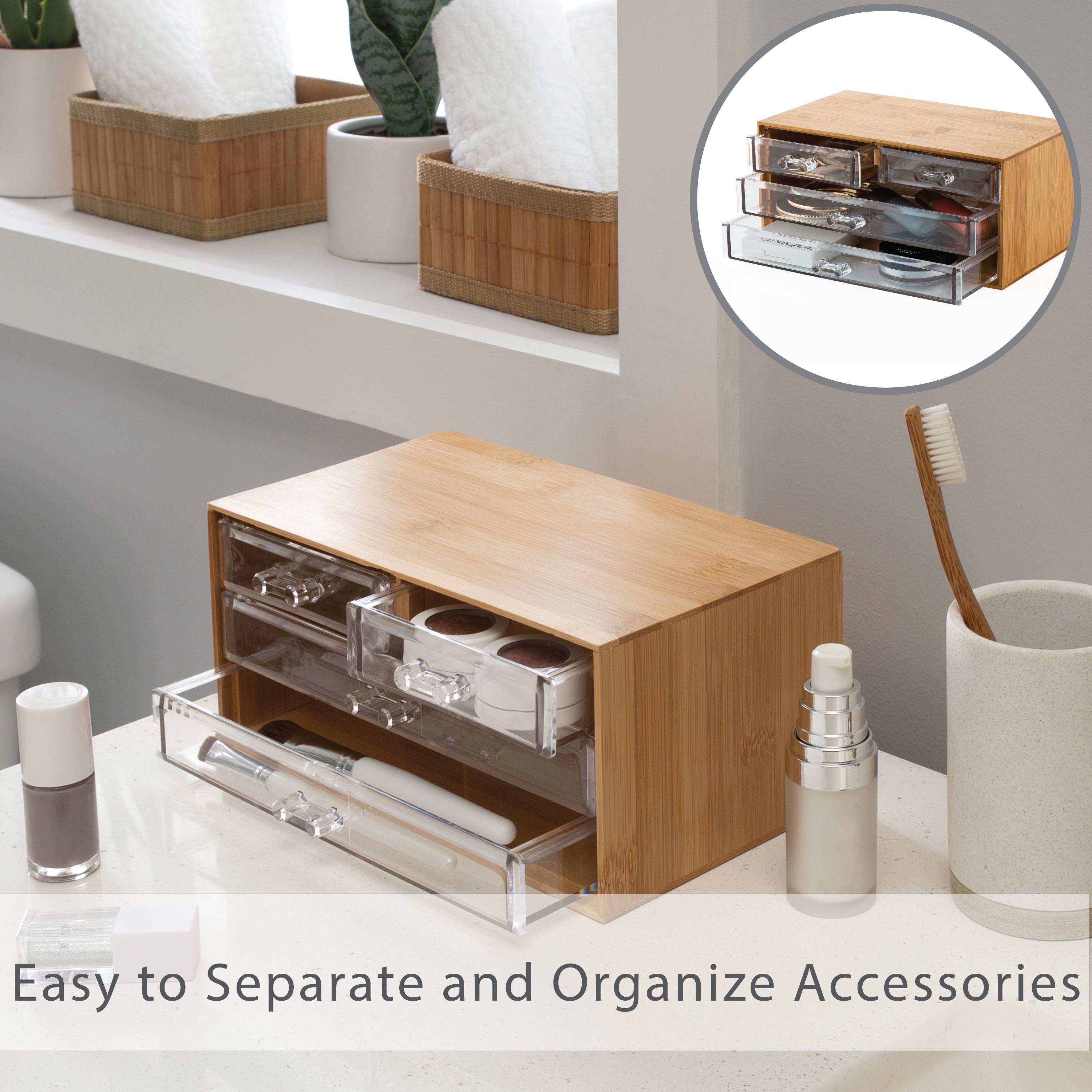 Simplify 3 Tier 4 Drawer Cosmetic Organizer and Jewelry Chest in Bamboo