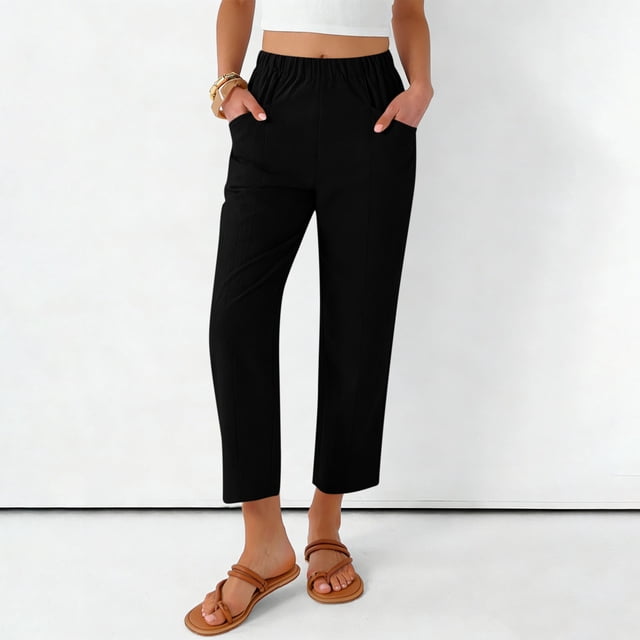 Pincandy Women's Solid Color Elastic Waist Pockets Linen Blend 9-Point Pants, Casual & Daily Wear
