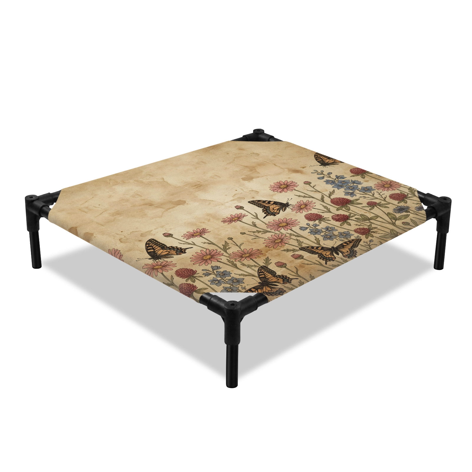 Country Wildflowers Elevated Dog Bed Rustic Vintage Pink Blue Red Flowers Butterfly Leaf Cooling Breathable Outdoor Raised Dog Cot Bed with Metal Frame Non-Slip Feet for Small Dog 20x20in