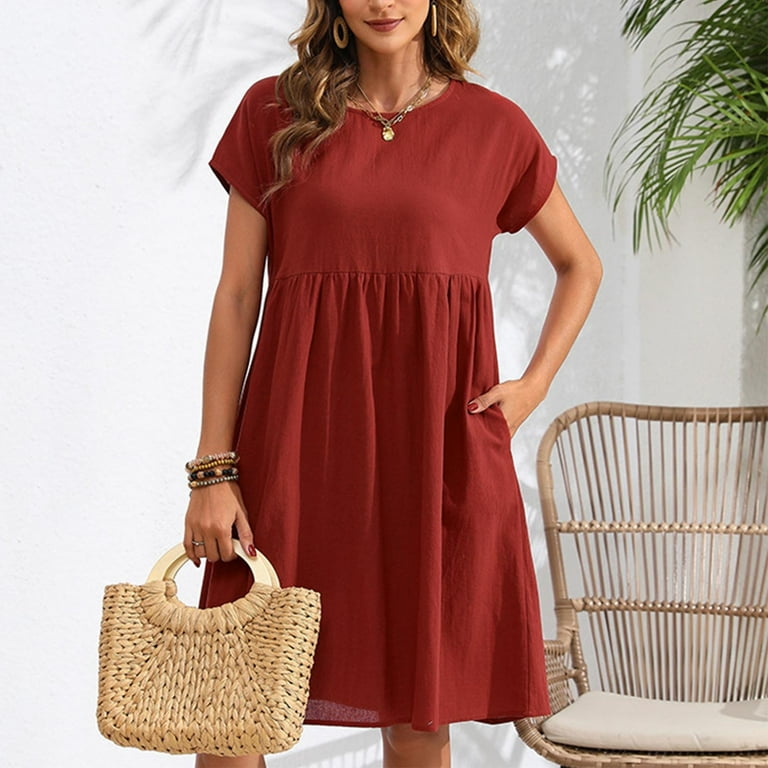 Arnsht Dresses for Women Casual Summer Cotton Linen Dress with Pockets  Short Sleeve Loose Comfort Midi Shirt Dress Red S - Walmart.com