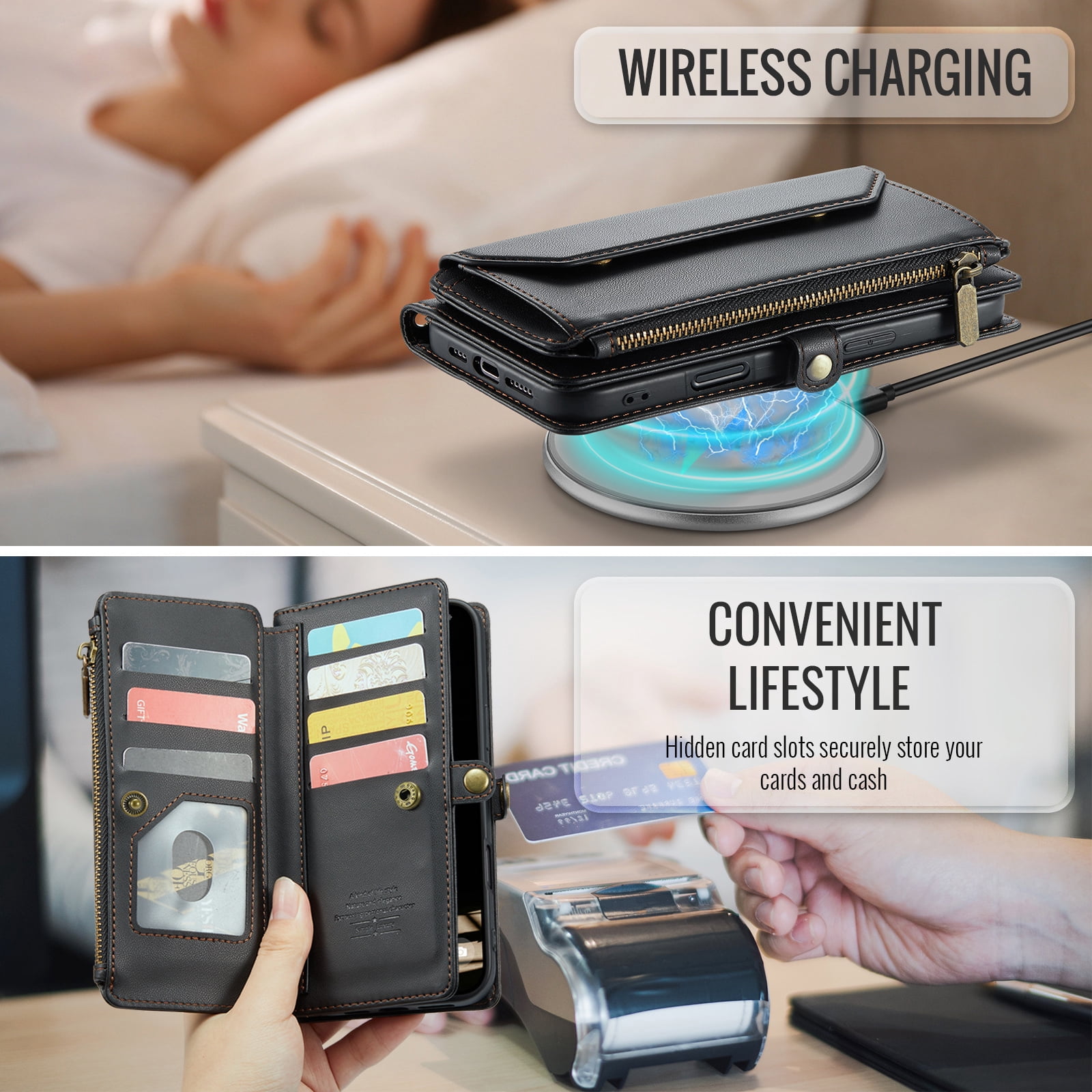 Asuwish Compatible with iPhone 17 Air 6.5 inch Zipper Wallet Phone Case Tempered Glass Screen Protector Crossbody Lanyard Strap Flip Card Holder Slot Cell Cover for i Phone17Air 17Case Women Black