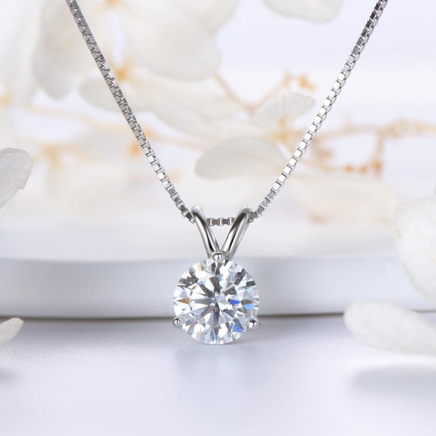 Leander 1-3 CT Moissanite Necklace for Women, Solitaire Lab Imitation Diamond Pendant, 18K White Gold Plated D Color Round Cut 925 Sterling Silver Necklace, GRA Certified, 18+2 inch Box Chain