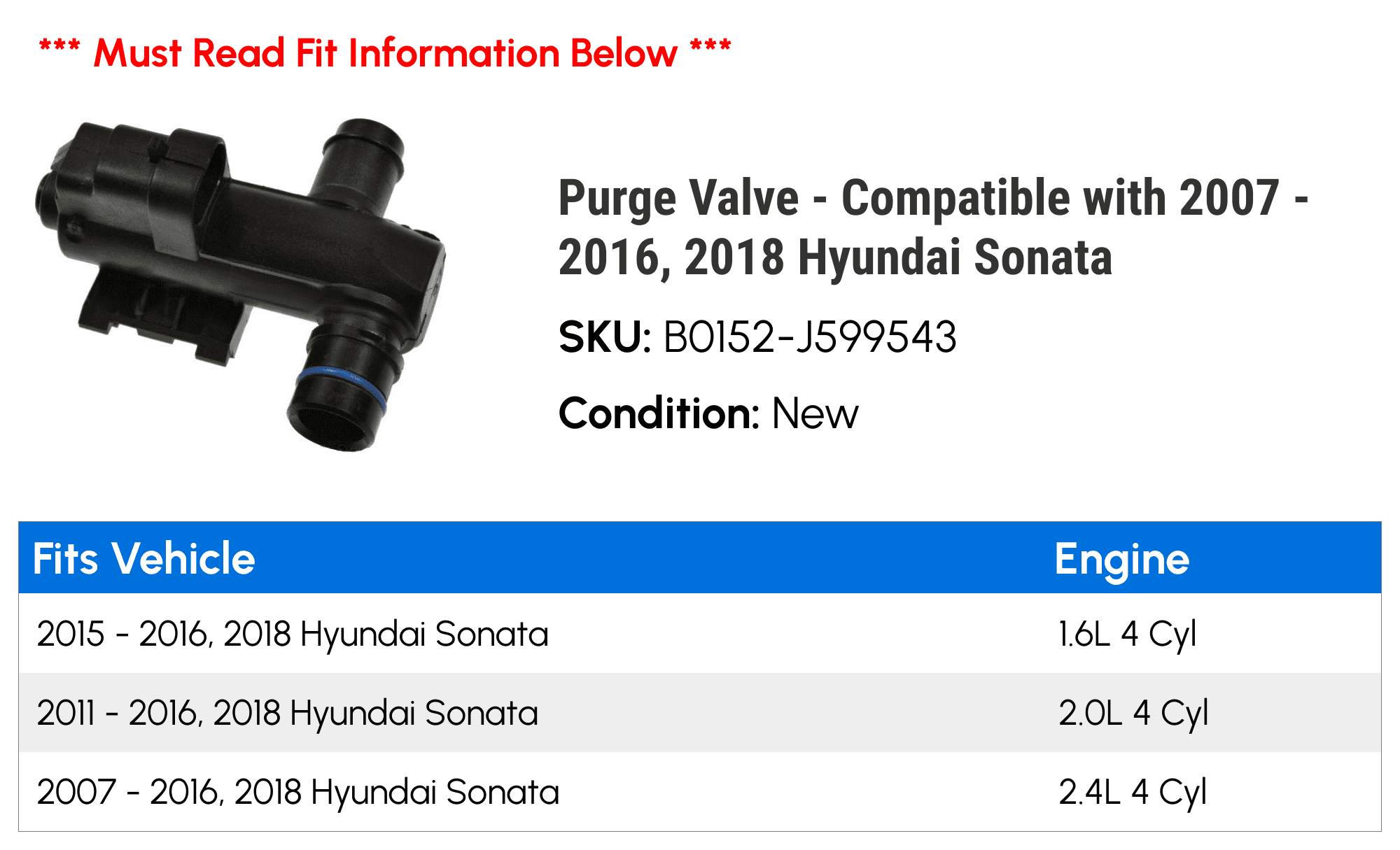 Purge Valve - Compatible with 2007 - 2016, 2018 Hyundai Sonata 2008 2009 2010 2011 2012 2013 2014 2015