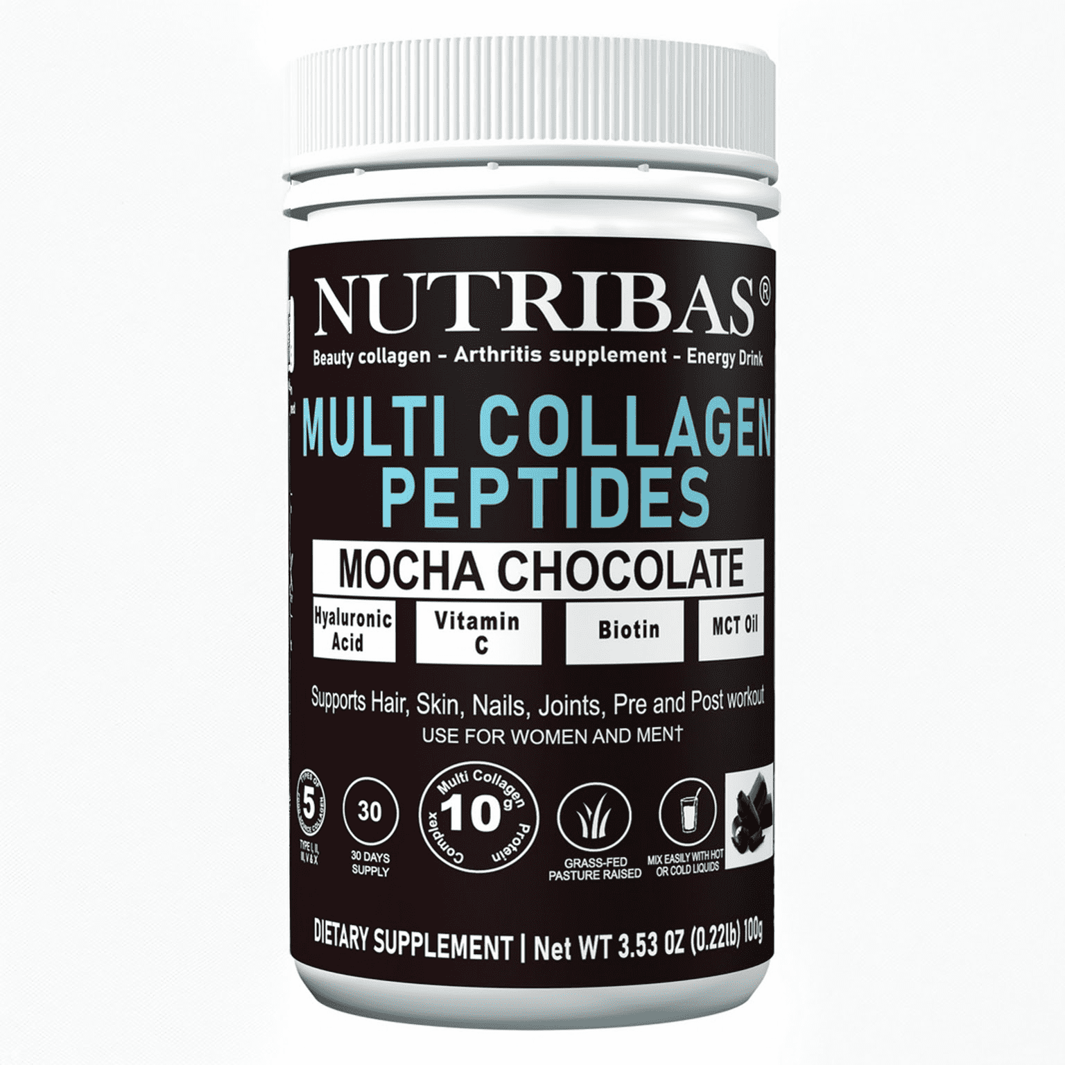 Nutribas Protein Multi Collagen Peptides Powder Whole Body Support Formula With MCT, Vitamin C, Biotin & Hyaluronic Acid , Lemon Chocolate Mango, 11 oz