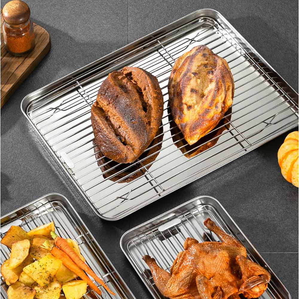 Trianu Baking Pan with Cooling Rack Set, 10.2 inch Stainless Steel Baking Tray and Cooking Rack, Dishwasher Safe, Size: 10.23 x 7.8 x 0.98, Silver