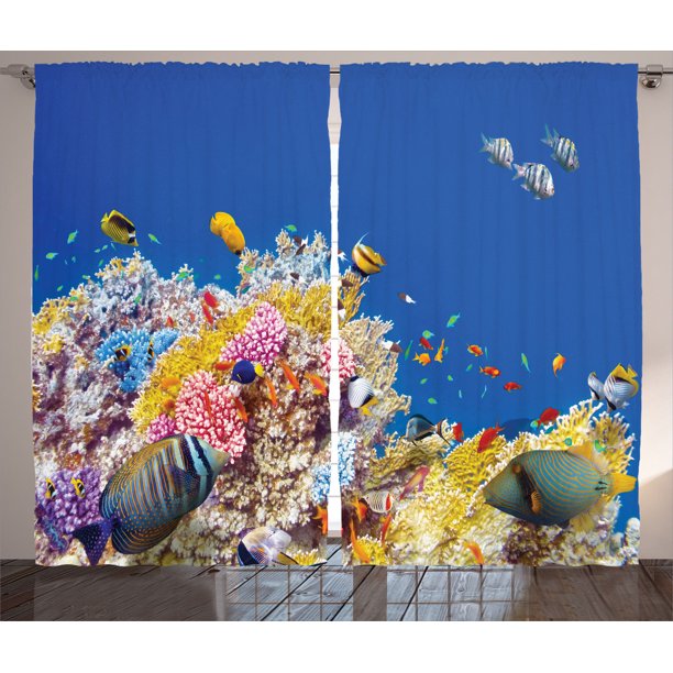Ocean Decor Curtains 2 Panels Set, Colorful Underwater World With