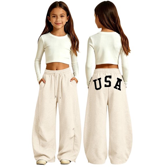 SJLDQY Girls Sweatpants Letter Graphic Casual Baggy Pants Drawstring Waist Pants with Pockets