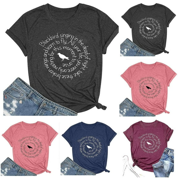 QHWAUAKFBN T Shirts For Women Trendy Loose Fit Summer Fun Letter Print Comfortable Fashionable Fit Colored Cotton Short Sleeved Tshirts Top