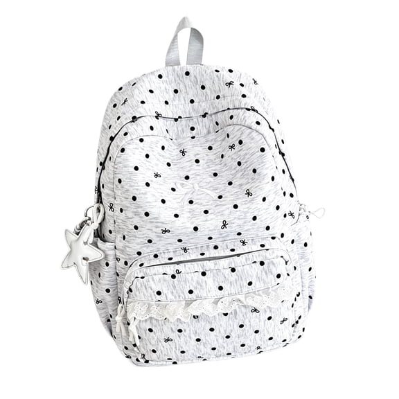 sweet-style lace-trimmed Polka Dot backpack, Adjustable Soft Shoulder Strap Rucksack, Coquette Aesthetic Bow Lace Backpack for Teen Women School Commute Weekend Shopping (Gray)