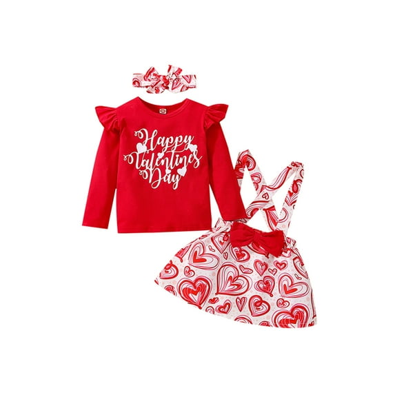 Qiylii Baby Girl Valentine's Day Outfit, Long Sleeve Tops+Heart Pattern kirt+Headband