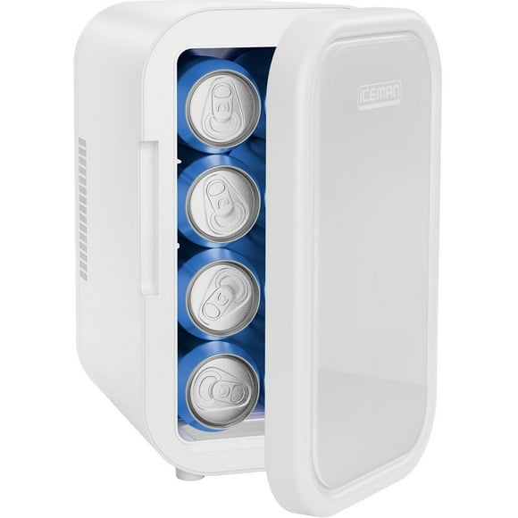 ICEMAN Portable Mini Fridge w/ 8 355 ml (12oz) Can Capacity, Cools and Heats, Car Plug Included - White, New