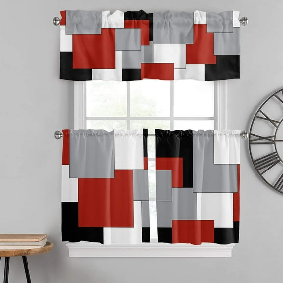 Abstract Red Black Grey White Kitchen Curtains Set | 3 Piece Rod Pocket Tiers & Valance | Geometric Plaid Small Window Treatment | Modern Decor