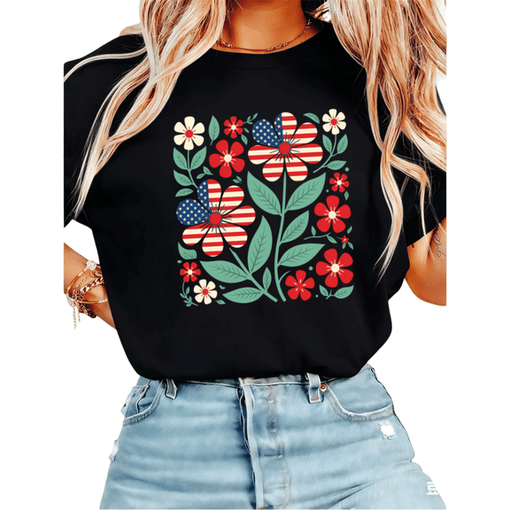 UNISHE Women's 4th of July American Flag Flower Graphic Short Sleeve T-Shirt Casual Cotton Crewneck Top Black S-5XL