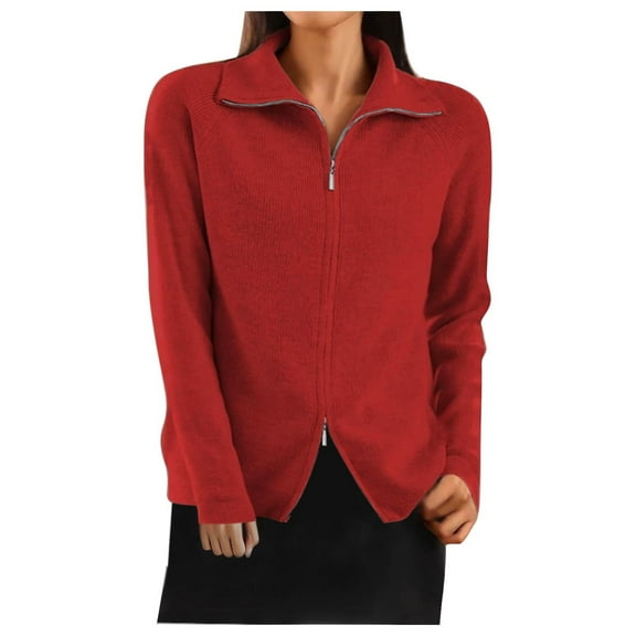 IROINNID Womens Winter Knit Sweater Cardigan Double Zipper Jacket Cozy Pullover Long Sleeve Top Casual Fashion Outerwear for Daily Wear(Wine,L)