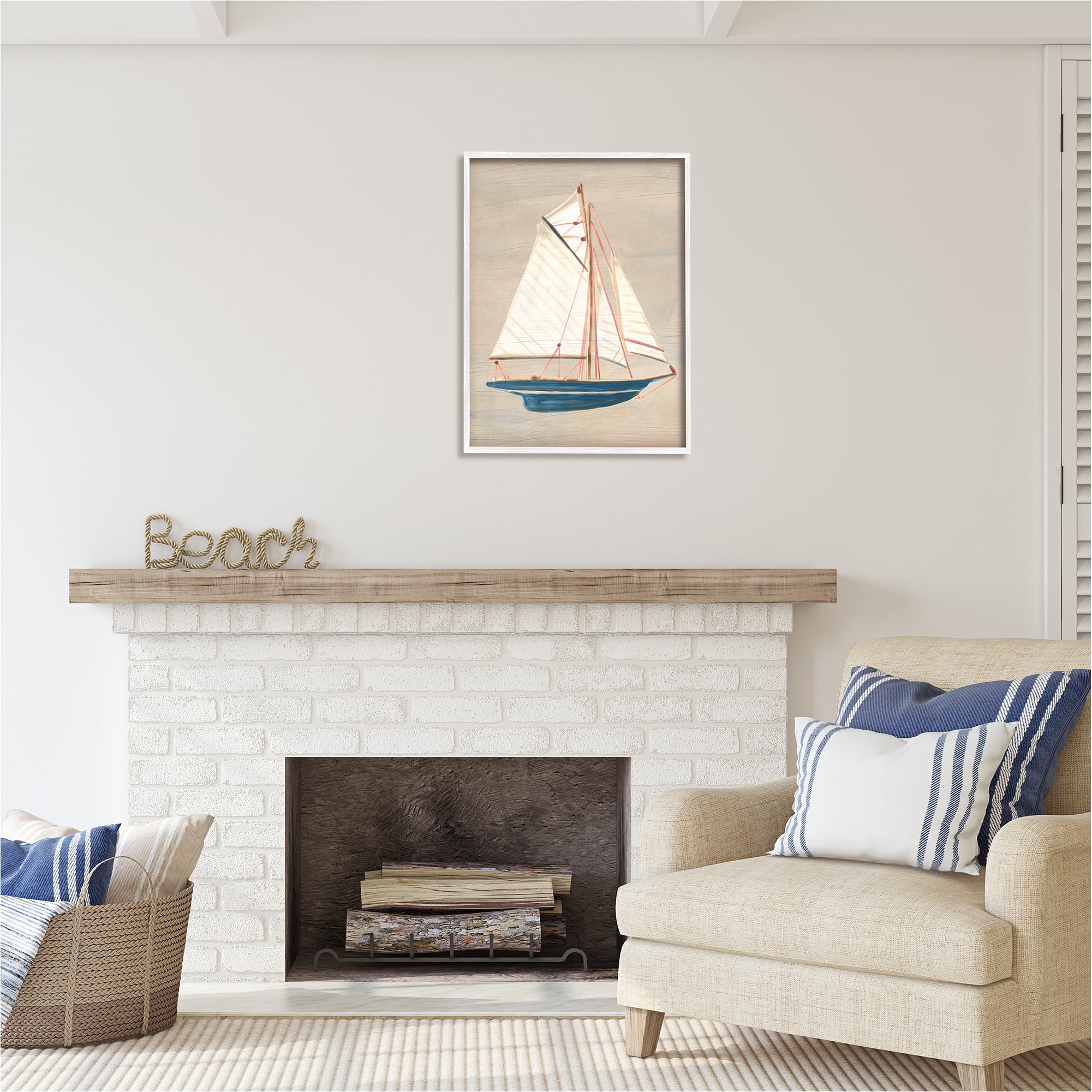 Stupell Industries Rustic Blue Sailboat Transportation Painting White Framed Art Print Wall Art, 24 x 30