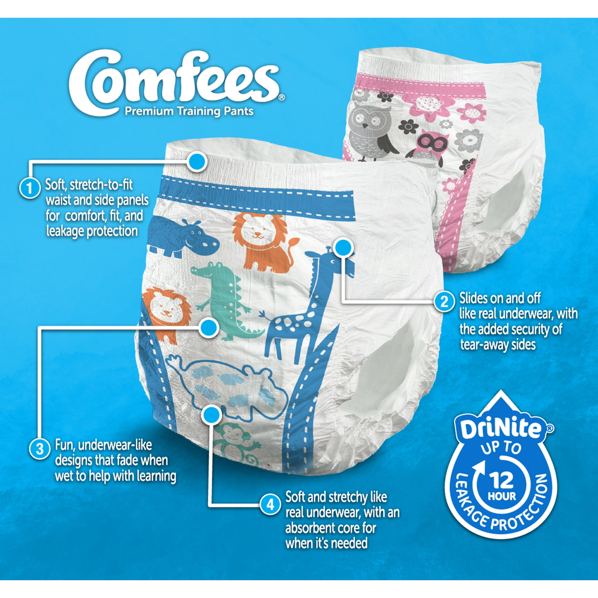 Comfees Training Pants for Girls, DriNite 12-hr Leakage Protection, 4T-5T over 38 lbs, 19 Count, 6 Packs, 114 Total