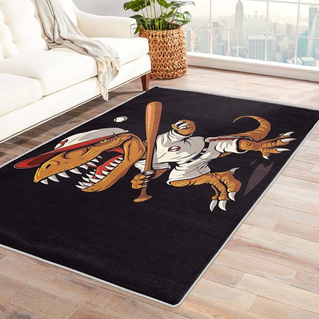 Dinosaur Rugs for Boys Bedroom - 4x5 Rug - Dinosaur Rug - Baseball Dino Area Rug - Sports T-Rex Rugs - Boys Cartoon Animal Carpet