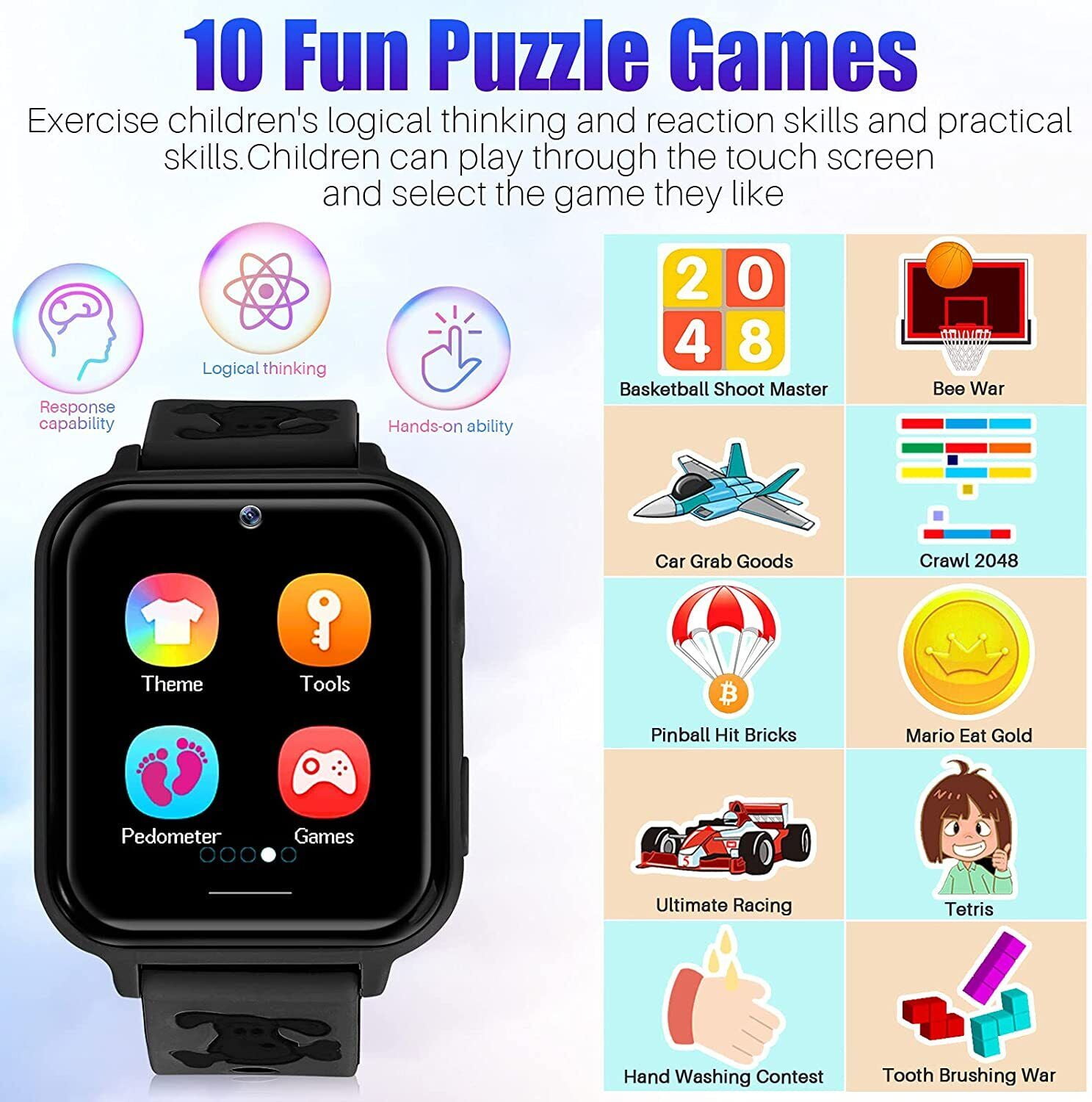 JIAN YA NA Smart Watch for Kids, Kids Watch with 10 Games Camera Music SOS Call Alarm, Birthday Gifts for Age 4-12 Boys Girls（Black）