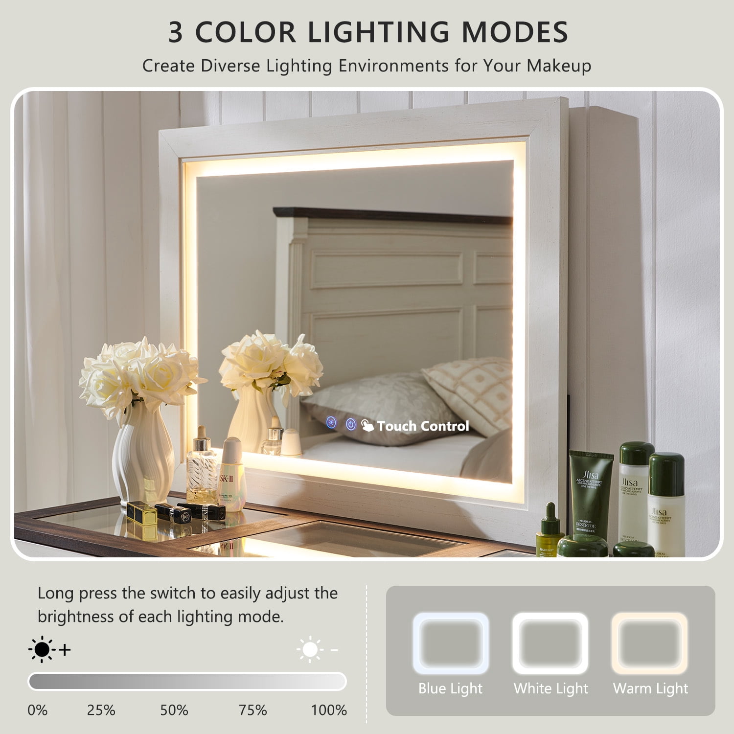 Farmhouse Vanity Desk with Glass Top, Corner Makeup Vanity Set with 30" HD Led Mirror and 3 Color Available Lights, 9 Storage Drawers, Wood Vanity Table for Bedroom