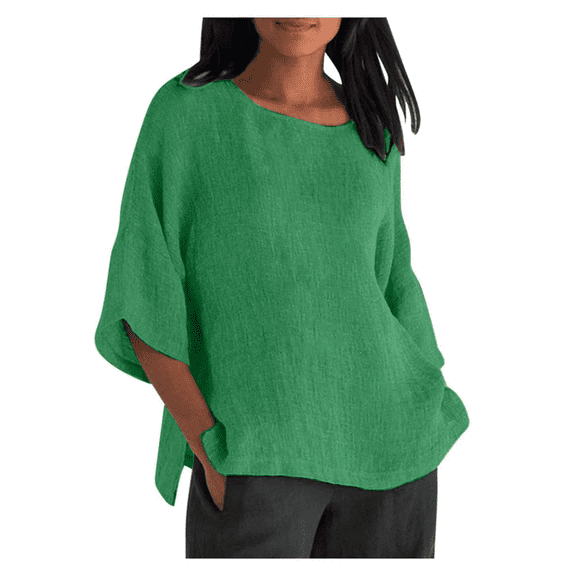 Aricy Plus Size Linen Shirts for Women,Casual Cotton and Linen 3/4 Sleeve Summer Tops for Women Solid Loose Three Quarter Sleeve Tunic Lightweight Basic Tunic Tees Blouses