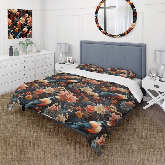 Designart "Avian Woodland Cottage Fantasy" Pink Floral Bedding Covert Set - Cottage Bed Set With 2 Shams