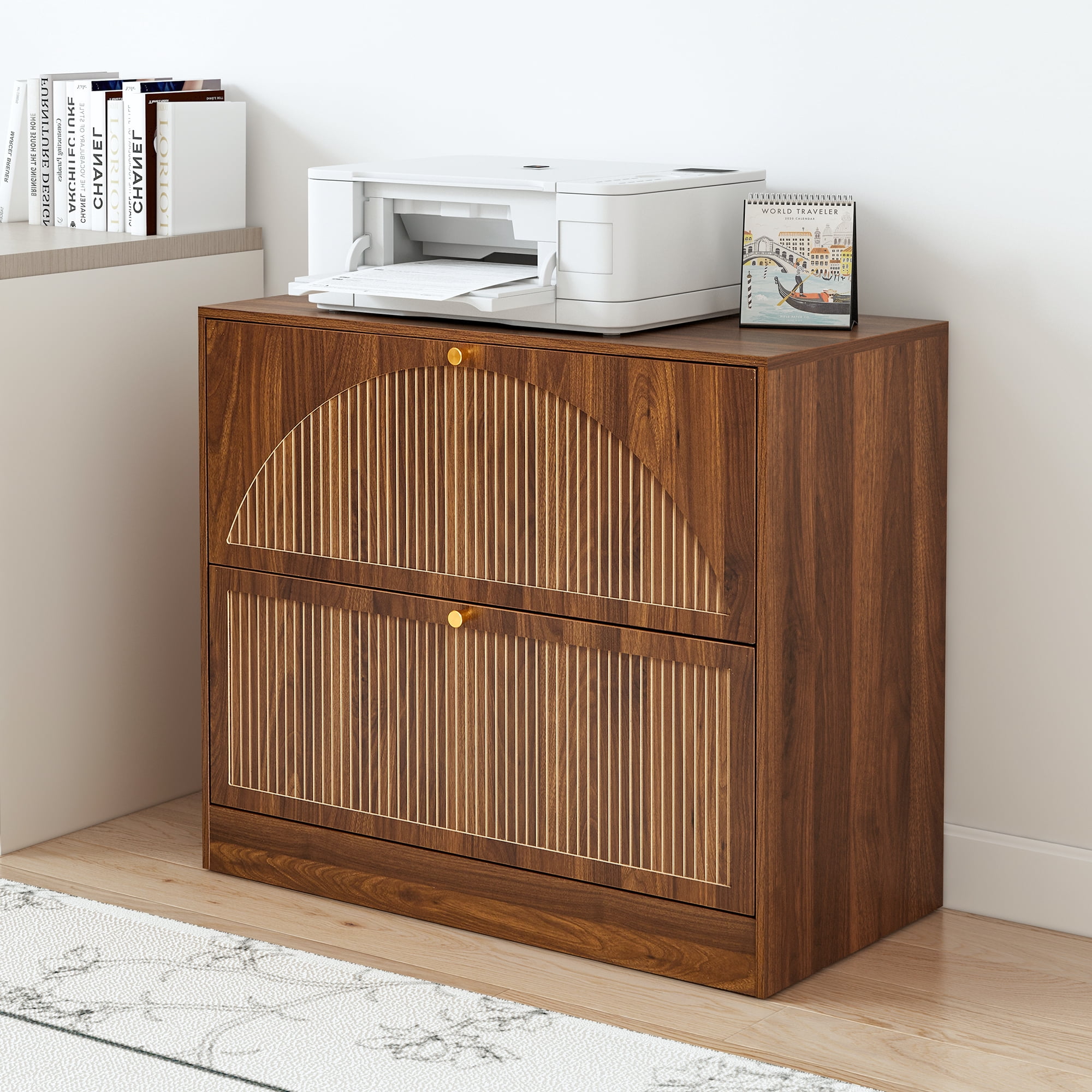 Walnut 2-Drawer Wood File Cabinet, Vertical Filing Cabinet for Letter/A4-Sized Files, Modern Fluted Design Storage Organizer, Easy to Assemble for Home Office