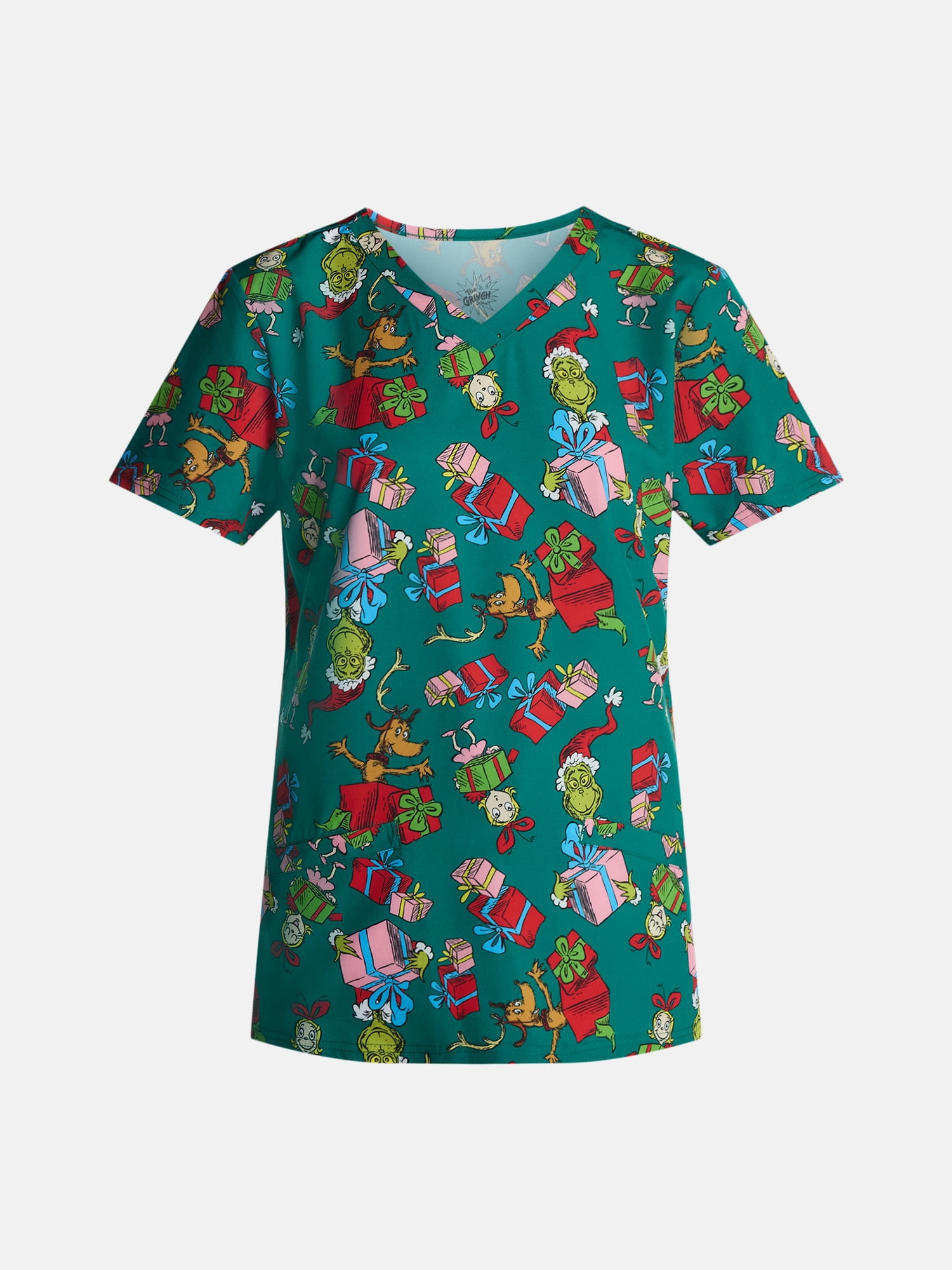 Dr. Seuss The Grinch Women's Holiday Scrub Top with Short Sleeves, Sizes S-XXXL