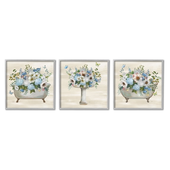 Stupell Industries Country Flower Bathroom Botanical & Floral Painting Gray Framed Art Print Wall Art, 12 x 12, Set of 3