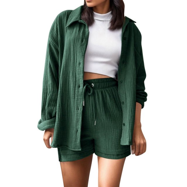 Recent Orders Womens Lounge Sets For Fall ZVAVZ Womens Summer Fall Wrinkle Tracksuits Laple Neck Buttons Down Shirts Drawstring Shorts Pants Sets Womens Two Piece Outfits Casual