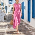 thumbnail image 4 of Women's Cotton Linen Crew Neck Sleeveless Midi Dress Solid Color Tie Waist Irregular Hem Casual Summer Tank Dress Hot Pink XXL(XXL), 4 of 8