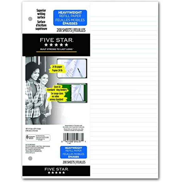 Five Star Heavyweight Refill Paper, 3 Hole Punched, College Ruled, 200 Sheets Per Pack (05237) - Packaging May Vary