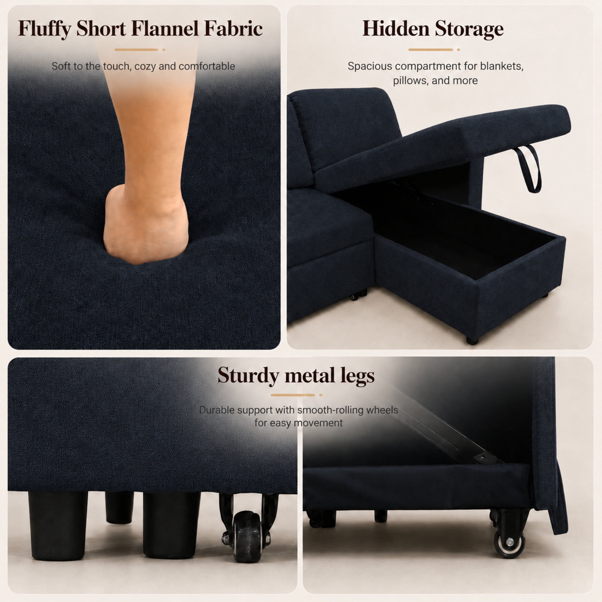 TiramisuBest L-Shaped Convertible Sofa Bed with Reversible & Storage Chaise,84"W Fluffy Flannel Sectional Sleeper for Living Room,Black