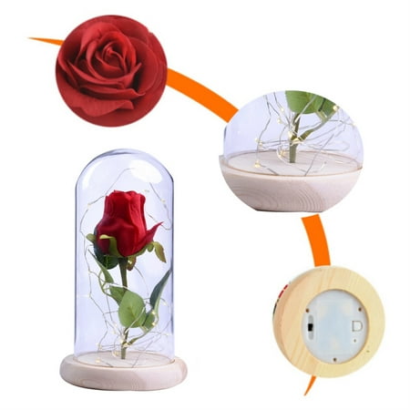 Joy Guru Beauty and the Beast Rose Red Rose in a Glass Dome with Led Light and A Wooden Base for Birthday Valentine's Gifts Wedding Anniversary Home (The Best Wedding Decorations)