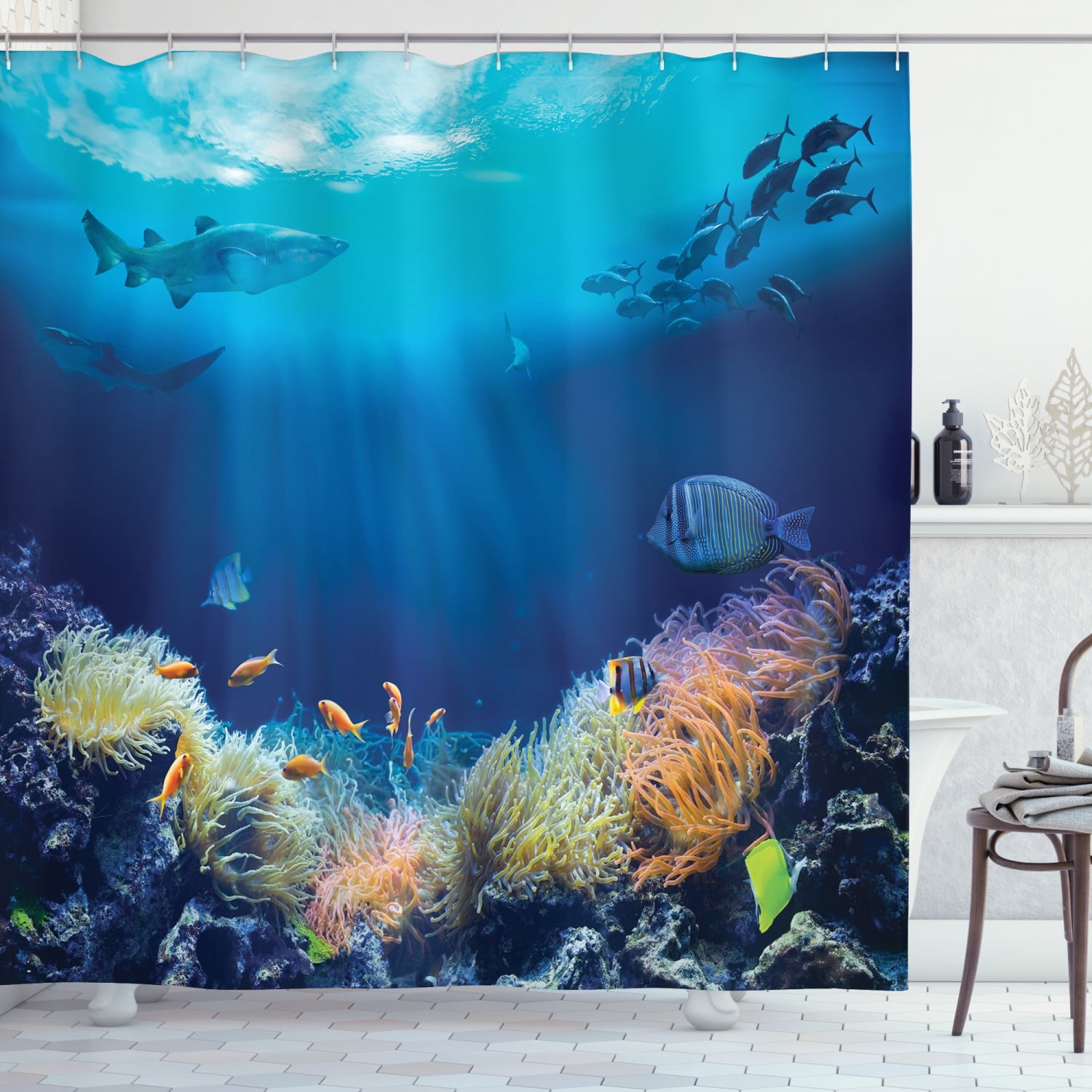 Underwater Shower Curtain, Various Fish in the Ocean Tranquil Marine