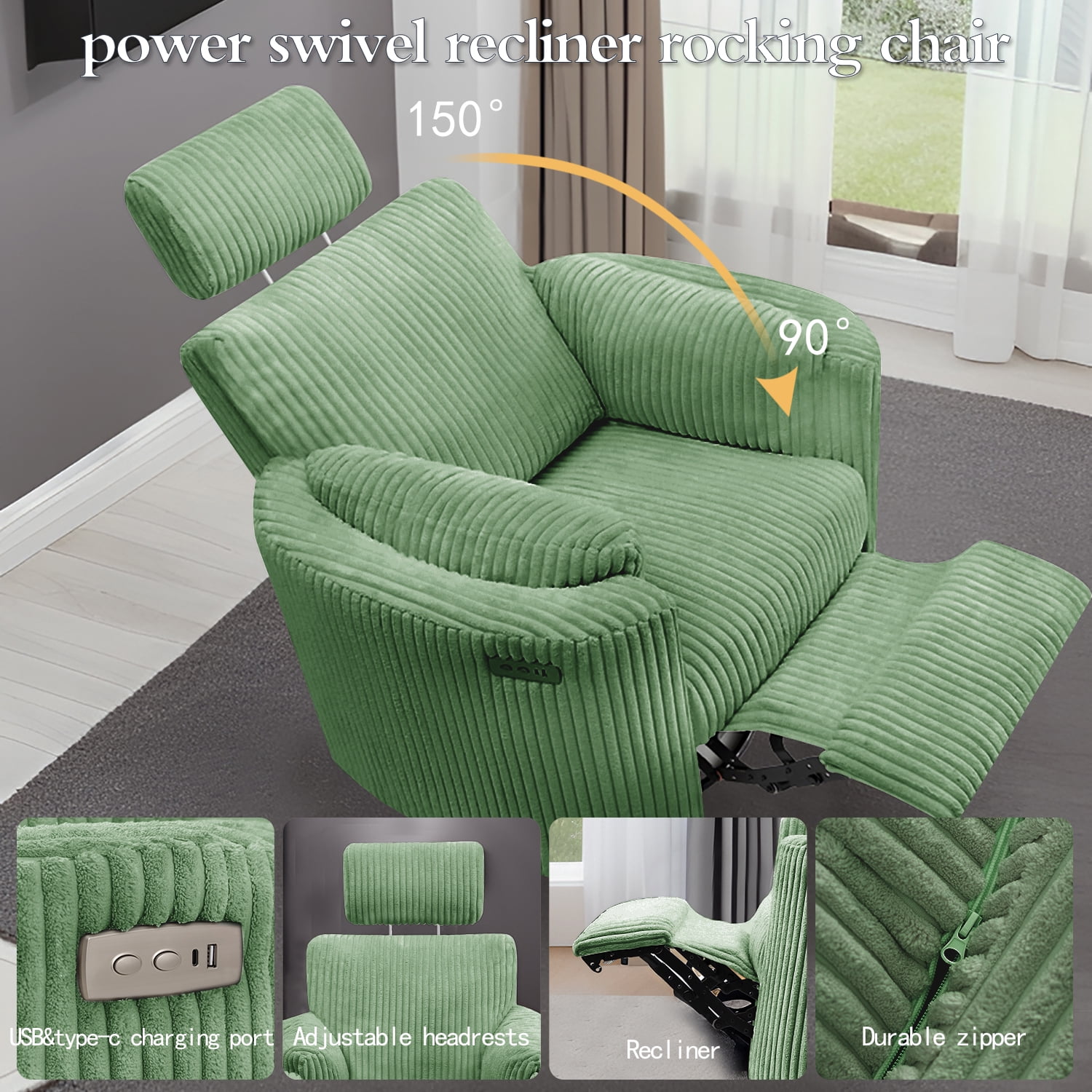 Cynefin Power Recliner Swivel Rocking Nursery Glider Rocker Chair with Headrest, USB and Type-c Port, Corduroy Electric Reclining Sofa Chair Arm Chair for Living Room